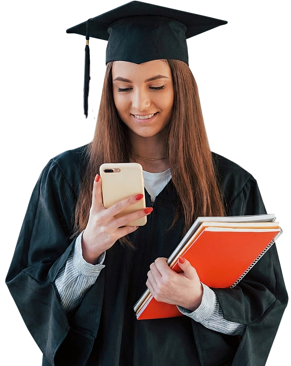 Graduate looking at phone